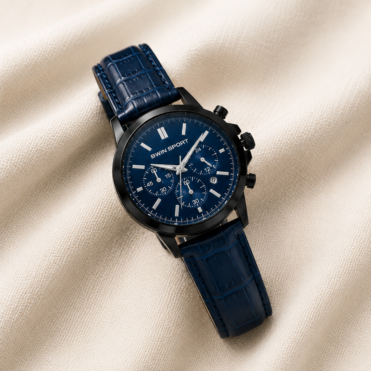 BWIN SPORT Men's Blue Dial Analog Quartz Watch with Blue Leather Strap – Premium Business & Casual Wrist Watch