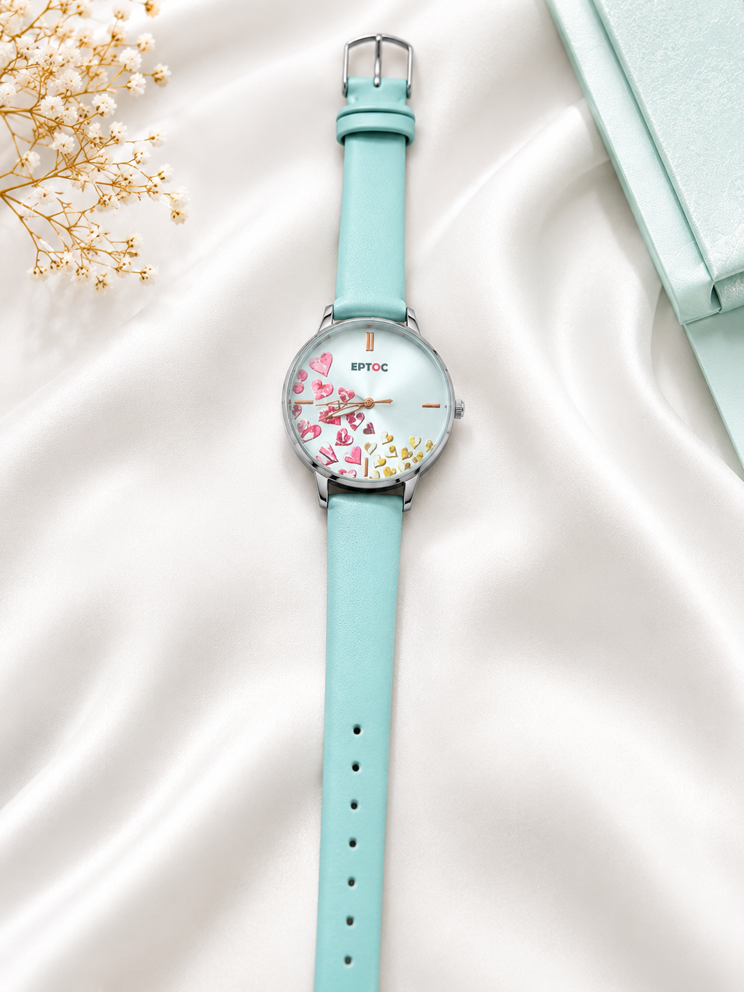 EPTOC Women's Heart Print Analog Quartz Watch | Mint Green Leather Strap | Elegant Fashion Wrist Watch for Women