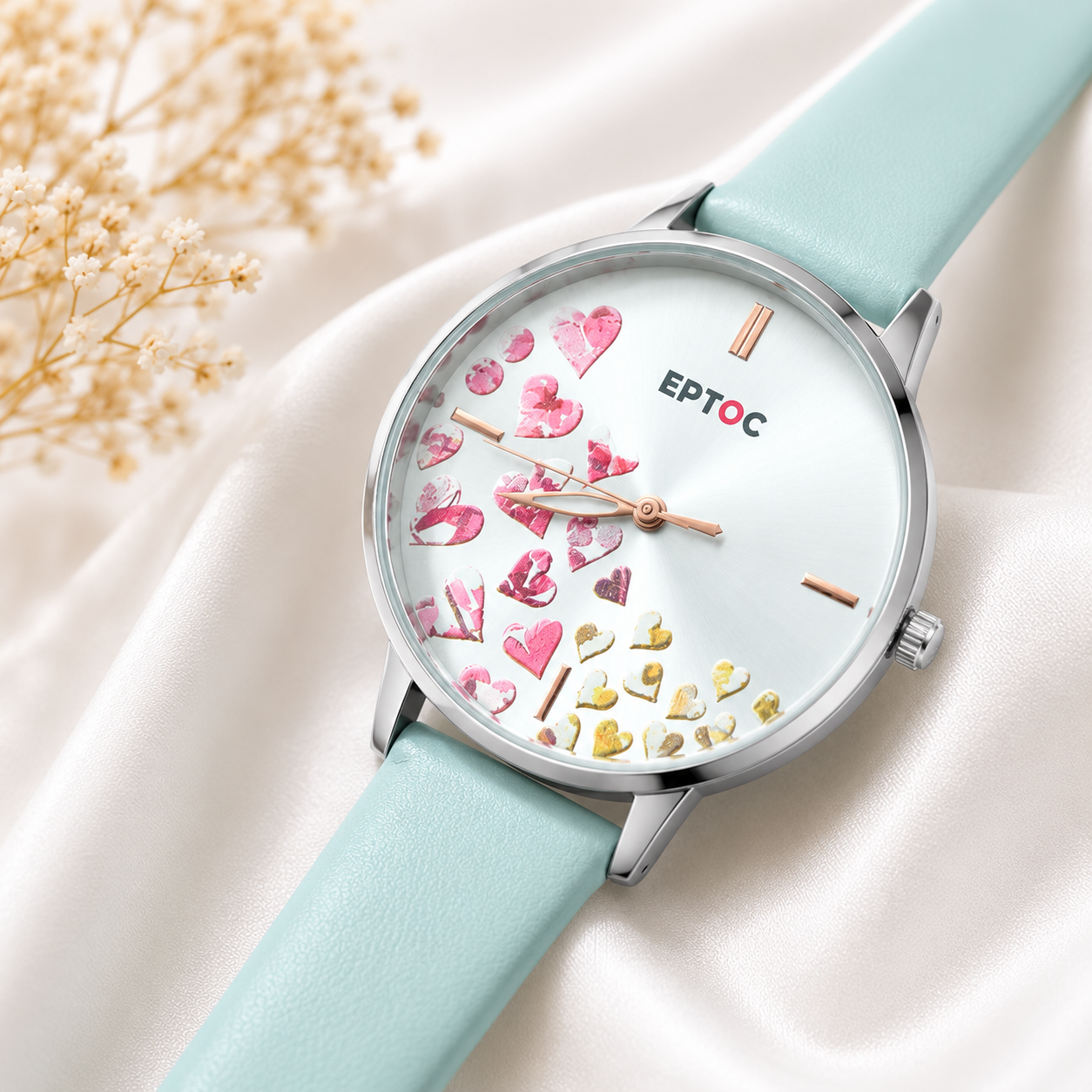 EPTOC Women's Heart Print Analog Quartz Watch | Mint Green Leather Strap | Elegant Fashion Wrist Watch for Women