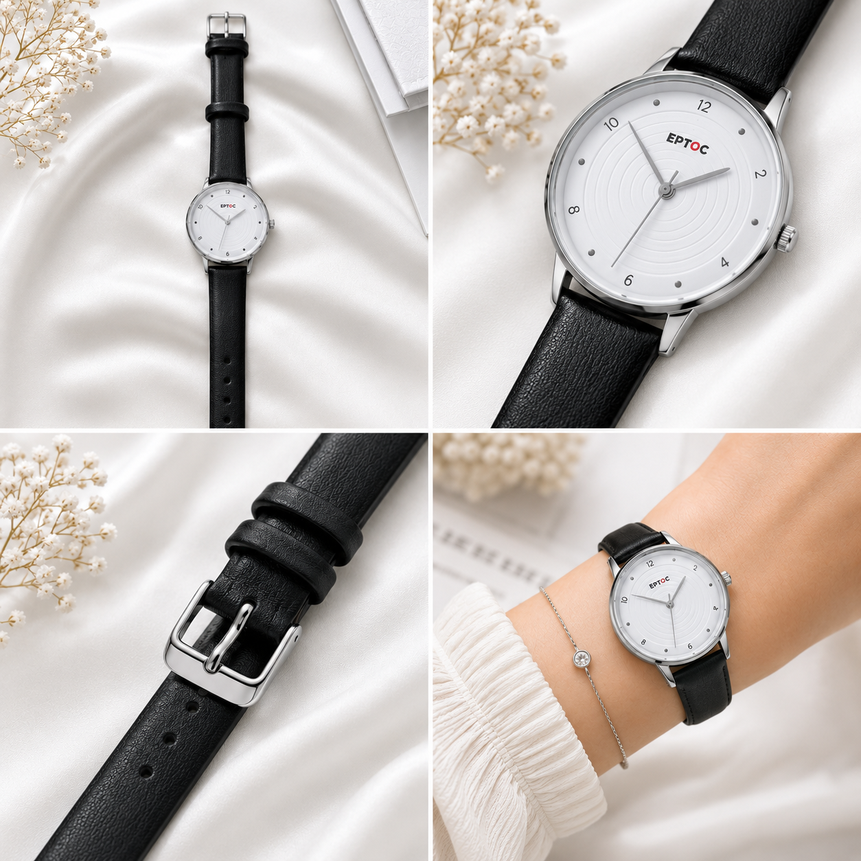 EPTOC Men's Classic Analog Quartz Watch | Black Leather Strap | Minimalist White Dial Casual & Formal Wrist Watch