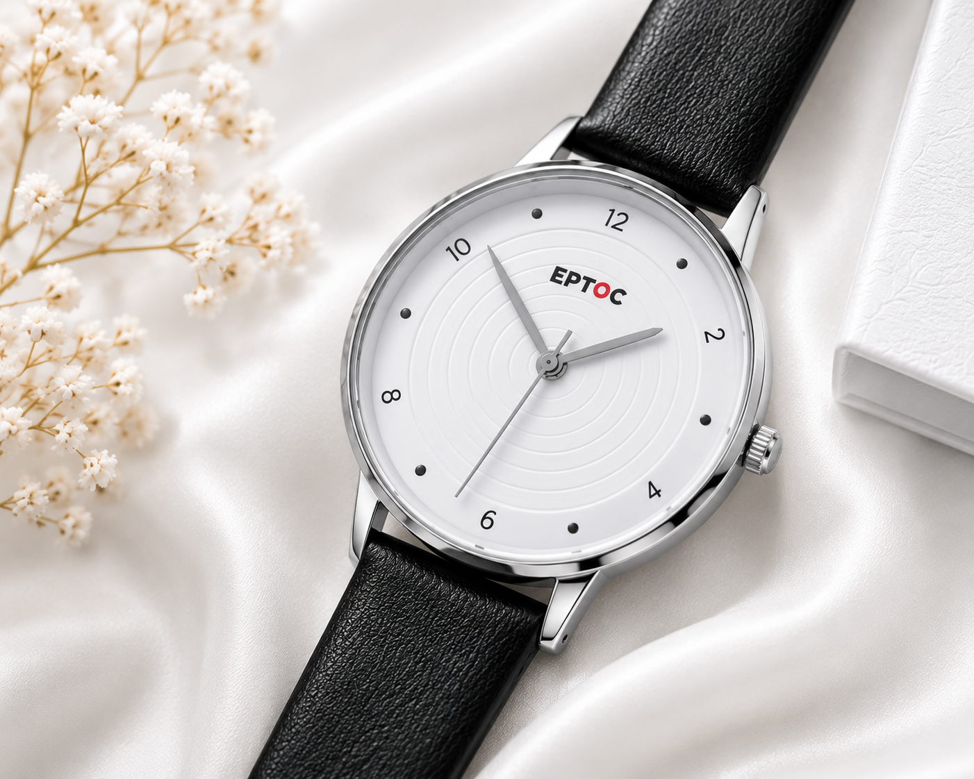 EPTOC Men's Classic Analog Quartz Watch | Black Leather Strap | Minimalist White Dial Casual & Formal Wrist Watch