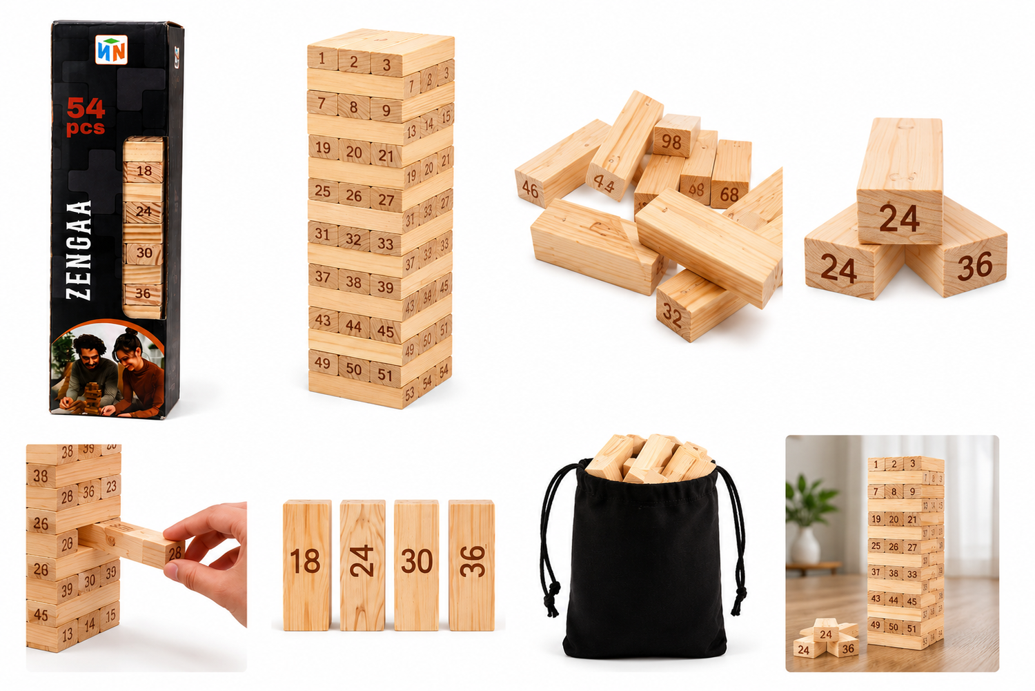 Toy Imagine 54 Pcs Wooden Tumbling Tower Game – Indoor Stacking Puzzle Blocks for Kids, Adults & Families – Fun Balancing Toy for Boys & Girls of All Ages