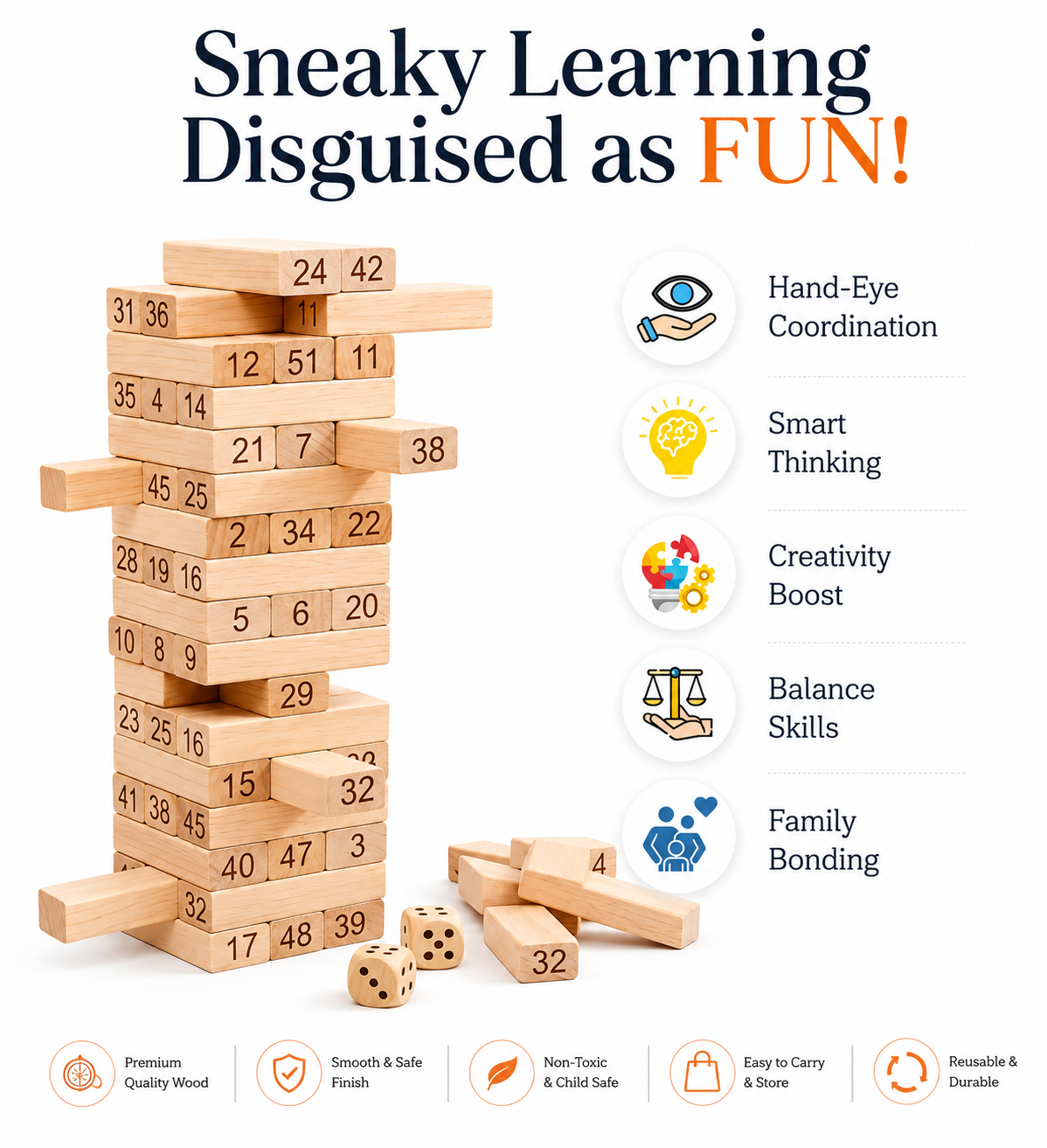 Toy Imagine 54 Pcs Wooden Tumbling Tower Game – Indoor Stacking Puzzle Blocks for Kids, Adults & Families – Fun Balancing Toy for Boys & Girls of All Ages
