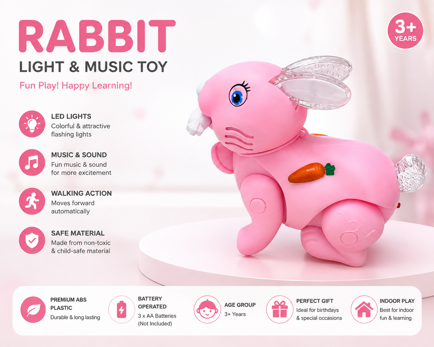 TPlastic Musical Rabbit with Carrot | Realistic Design | Indoor Outdoor Play | Interactive & Engaging | Safe & Durable | Fun Learning Toy for Boys & Girls