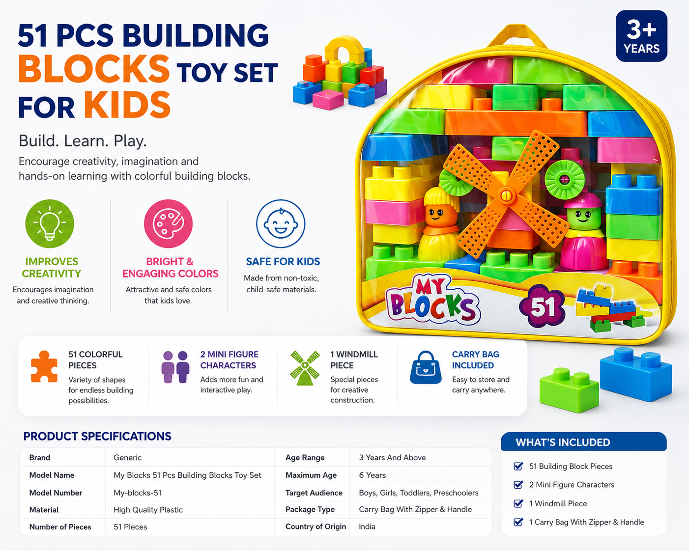 My Blocks 51 Piece Building Blocks Toy Set for Kids, Multicolour, with Carry Bag, Educational Creative Construction Toy for Boys and Girls