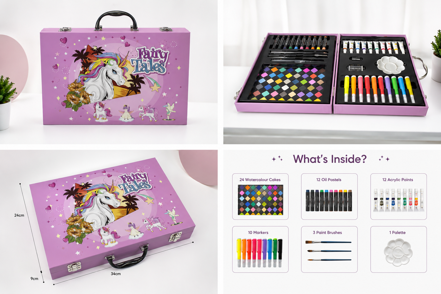 Pinnacle Kids Art Set for Kids, 56 Piece unicorn theme creative kit with water colors, paper clips, pressed powder , color penceils, crayons, drawing tools olours, Marker Pens, Color Set for Kids