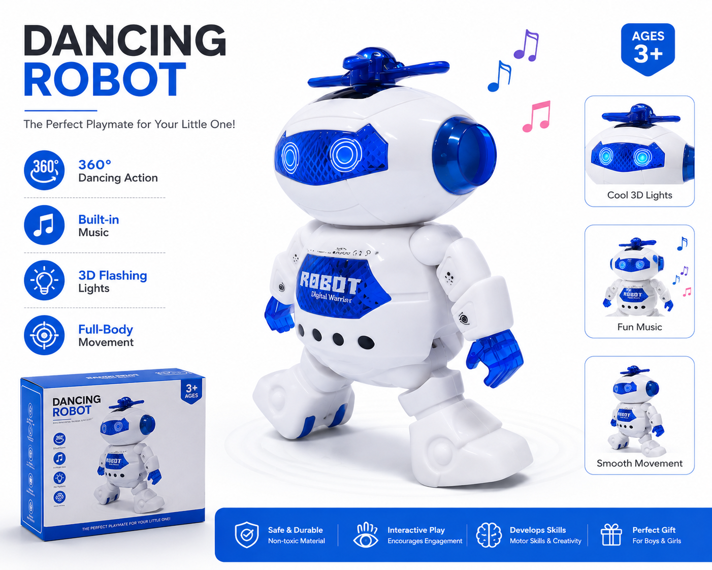 Dancing Robot Toy with LED Lights and Music, 360-Degree Rotation, Battery Operated