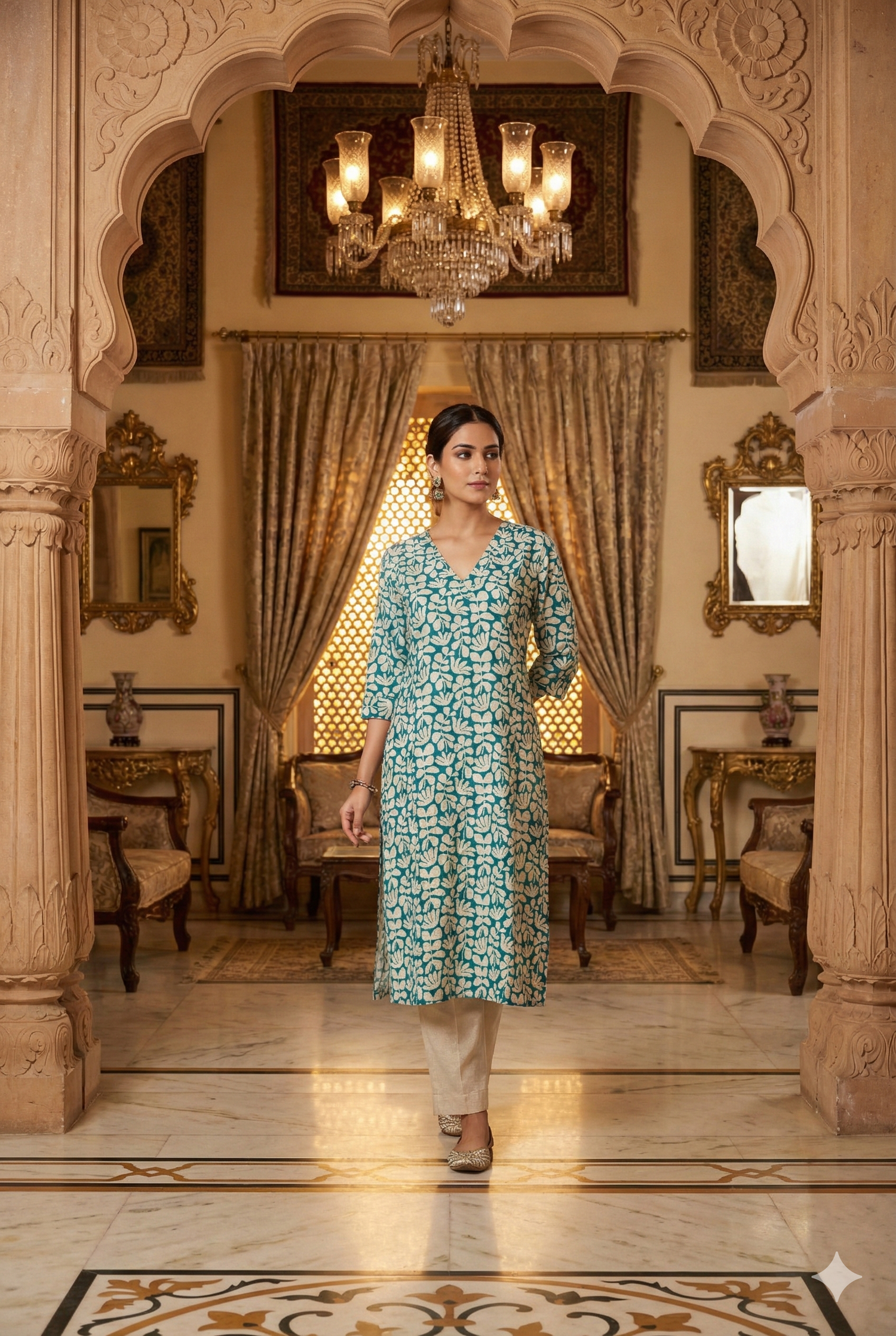 Women's Teal Floral Printed Straight Kurti