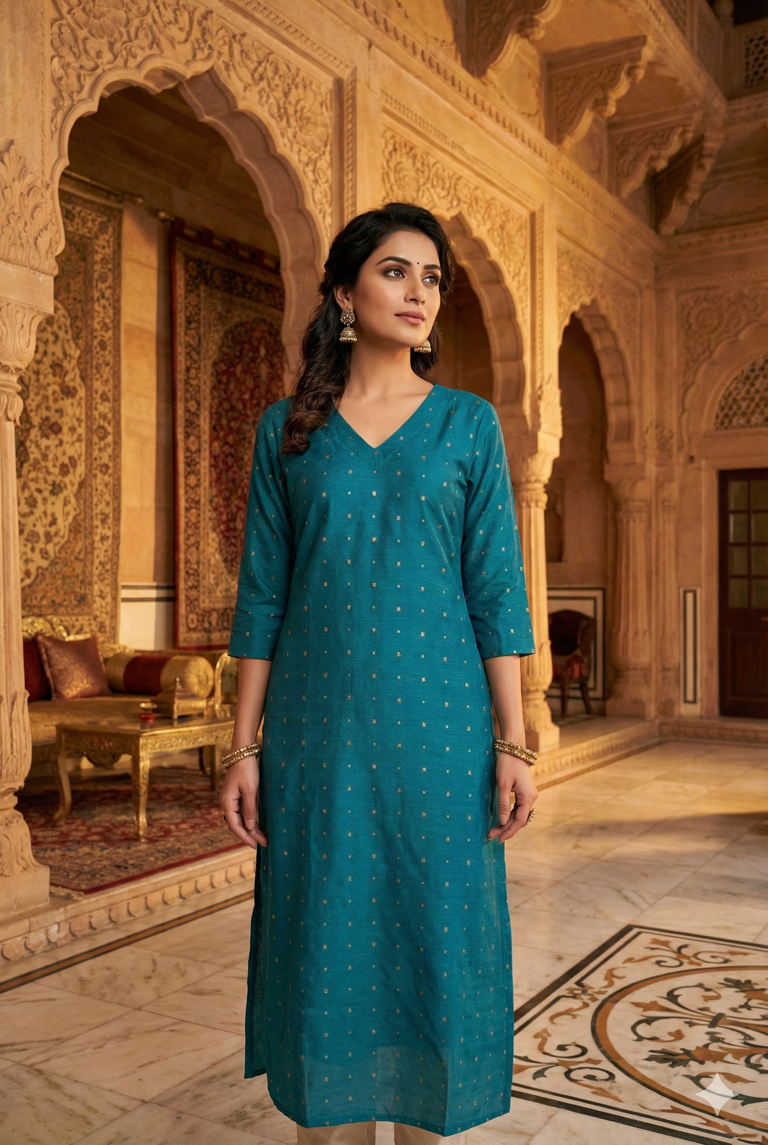 Teal Gold Buti Straight Kurta