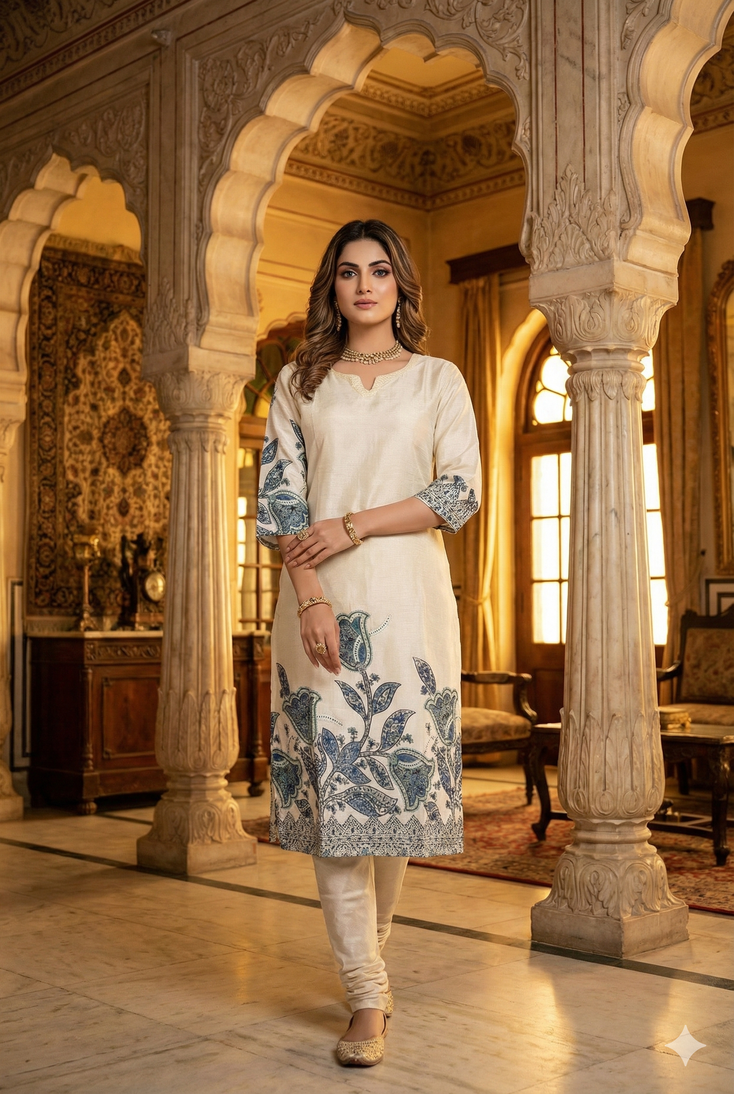 Elegant Off White Floral Printed Kurthi