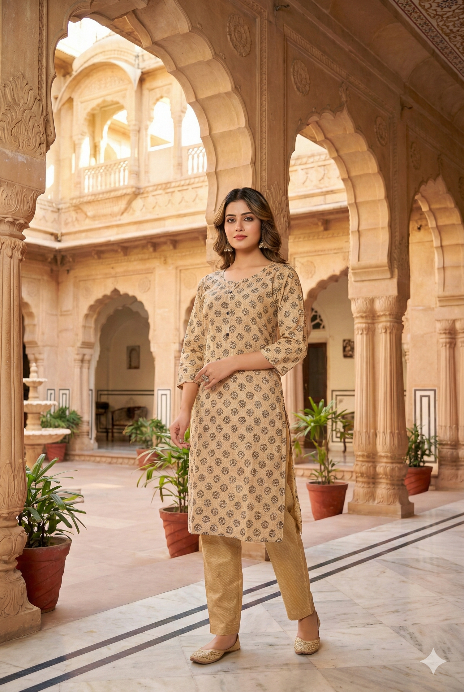Beige Printed Straight Kurta with Pant Set