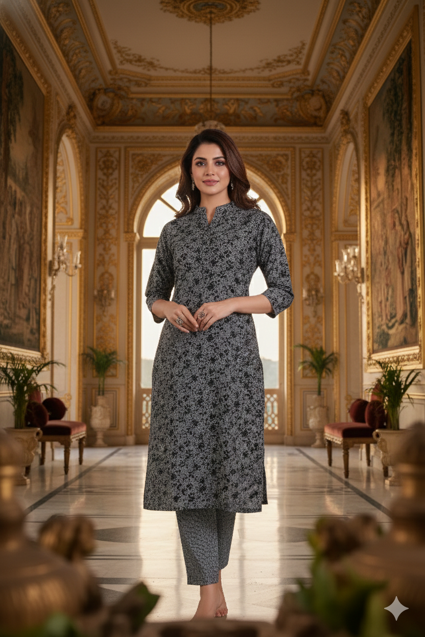Grey Floral Printed Kurti with Pant