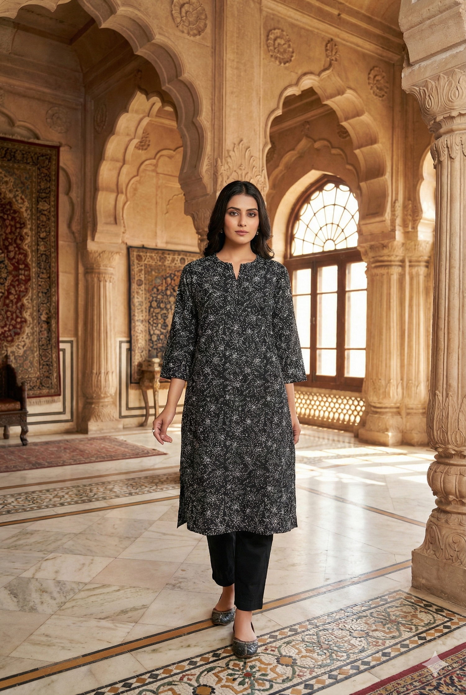 Black Printed Straight Kurta with Pant