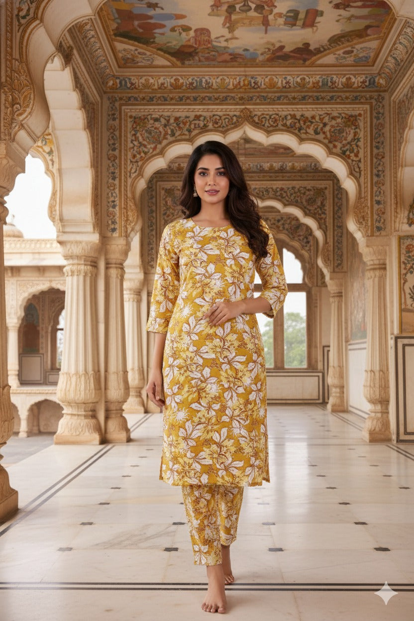 Mustard Yellow Floral Printed Kurta with Pant