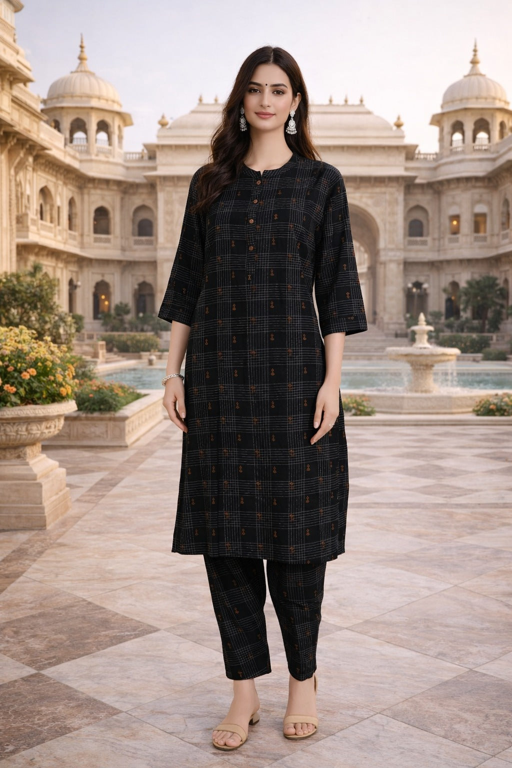 Black Checked Printed Kurta with Pant