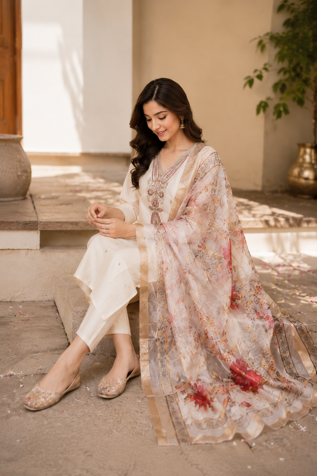 Elegant Ivory Embroidered Kurta Set with Floral Organza Dupatta