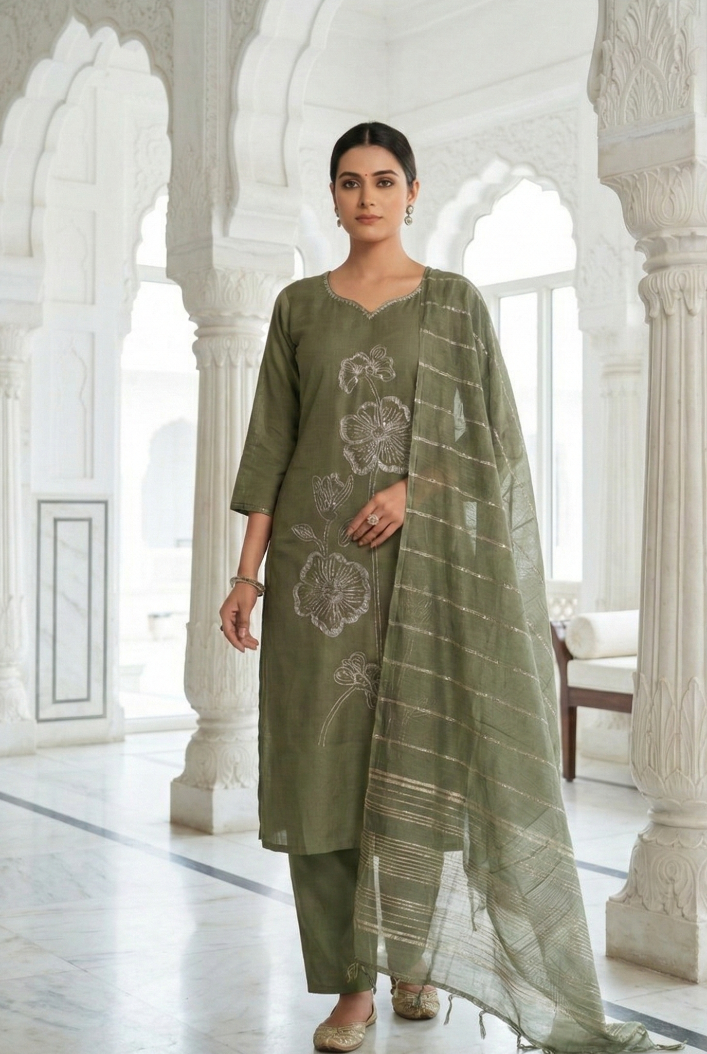 Elegant Olive Green Embroidered Kurta Set with Striped Dupatta