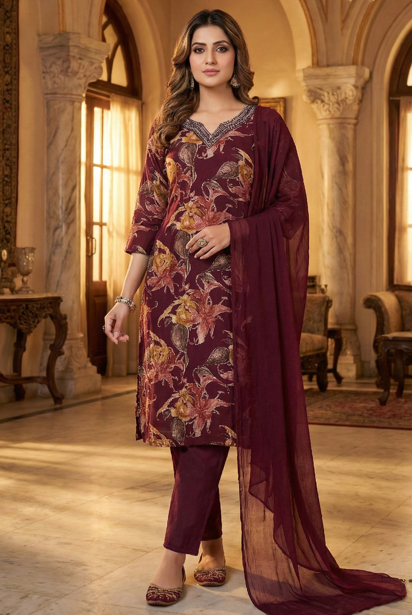 Royal Maroon Floral Printed Kurta Set with Chiffon Dupatta