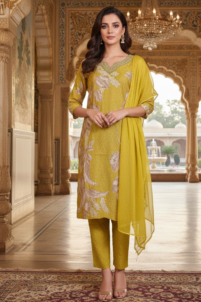 Mustard Yellow Embroidered Kurta Set with Chiffon Dupatta