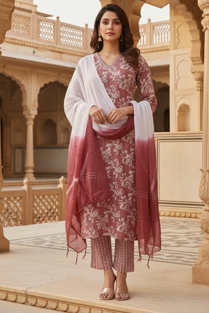 Rose Pink Printed Kurta Set with Ombre Dupatta