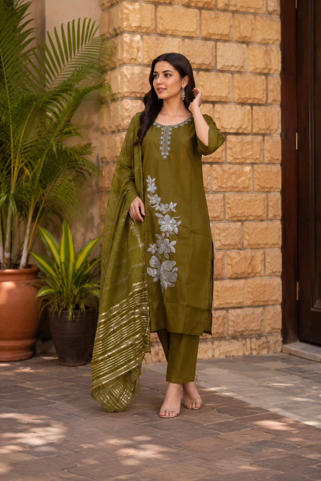 Olive Green Embroidered Kurta Set with Striped Dupatta
