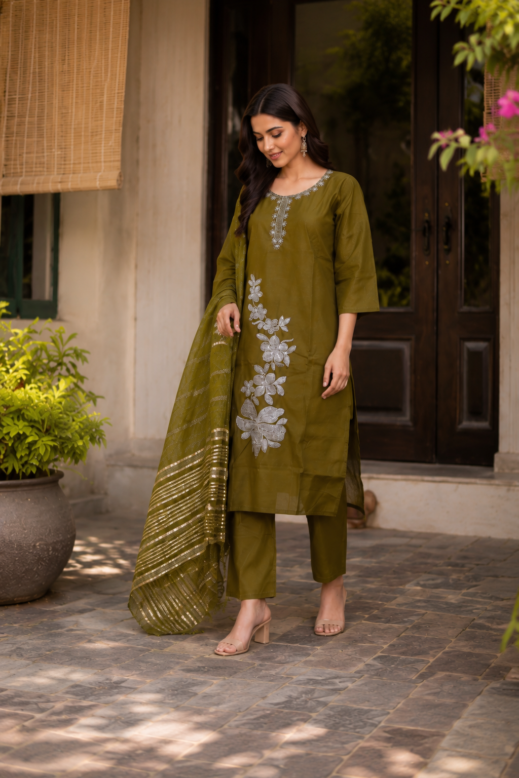 Olive Green Embroidered Kurta Set with Striped Dupatta