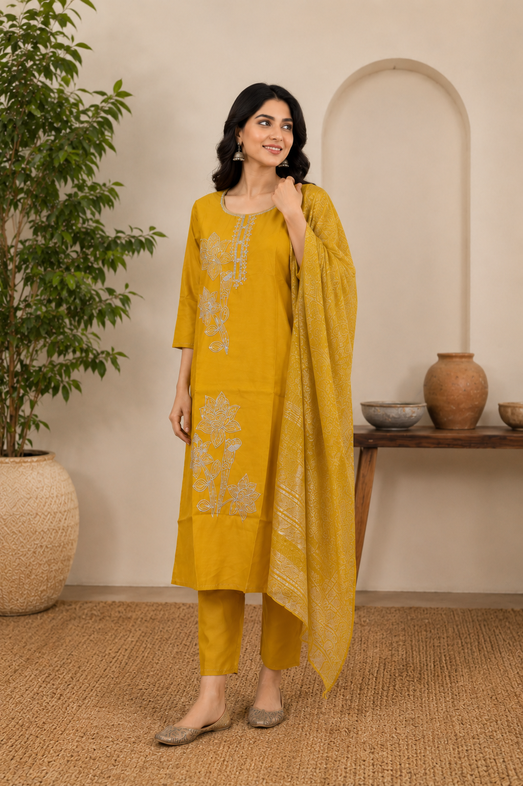 Mustard Yellow Embroidered Kurta Set with Striped Dupatta