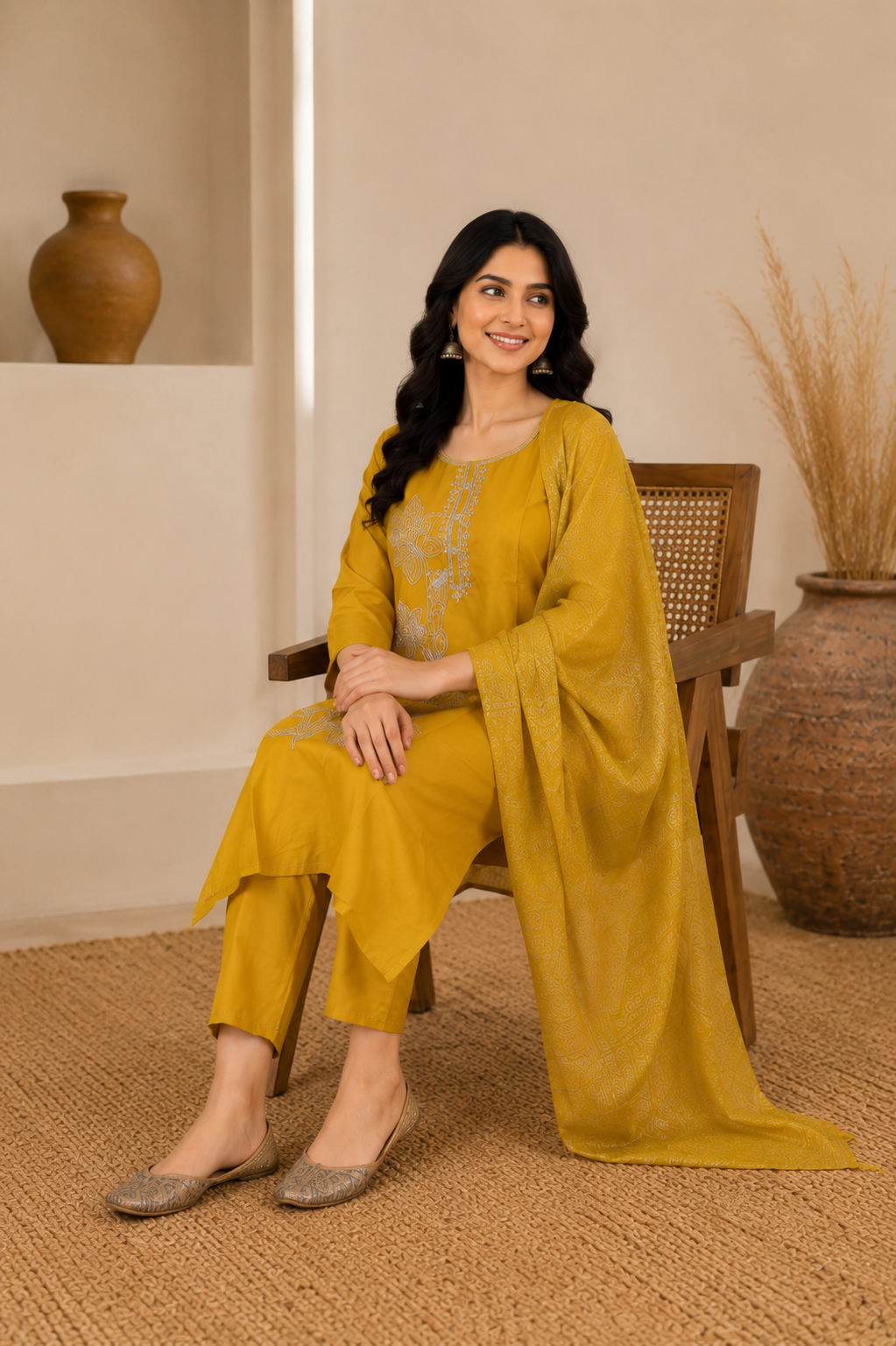Mustard Yellow Embroidered Kurta Set with Striped Dupatta