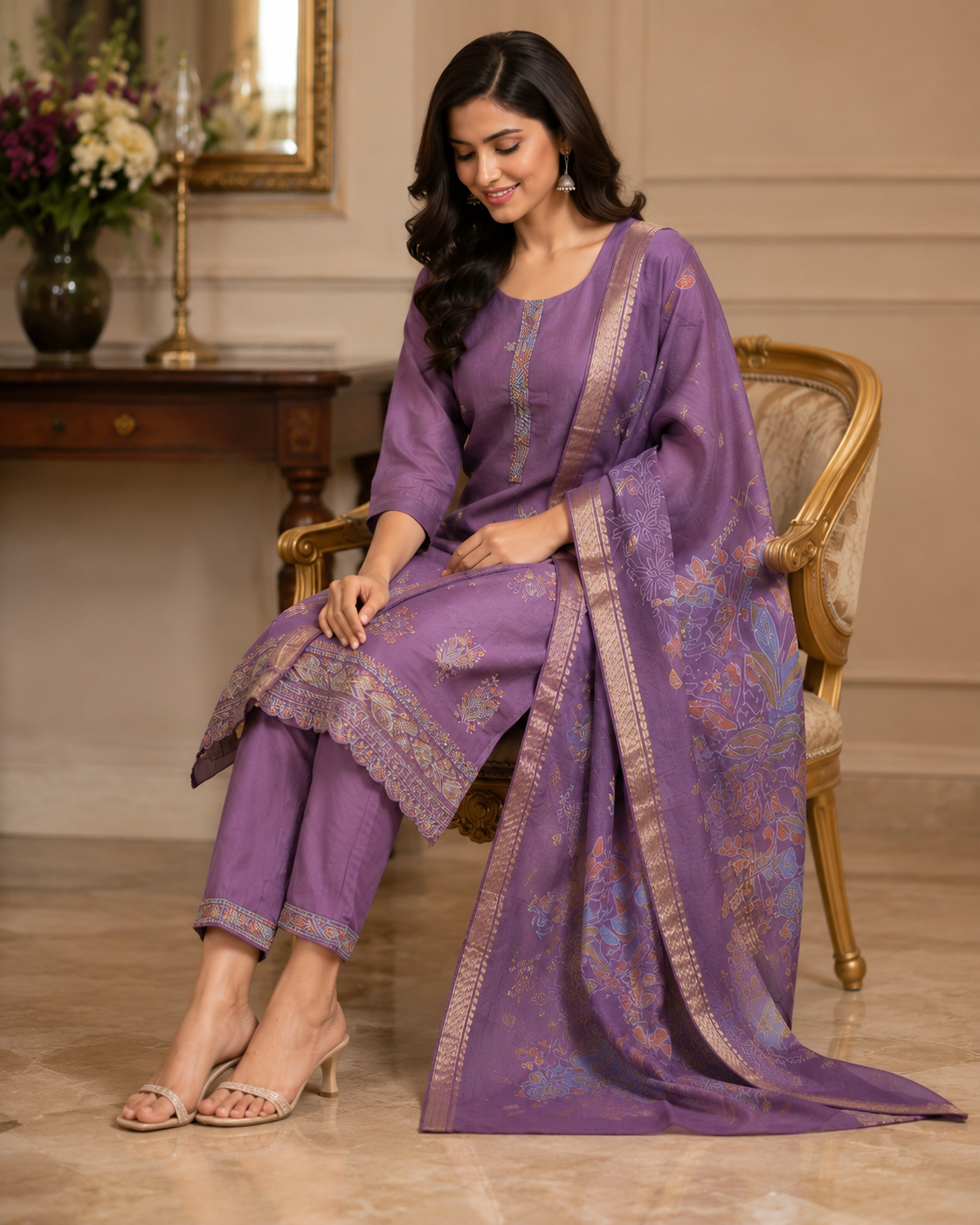 Lavender Purple Embroidered Kurta Set with Floral Dupatta