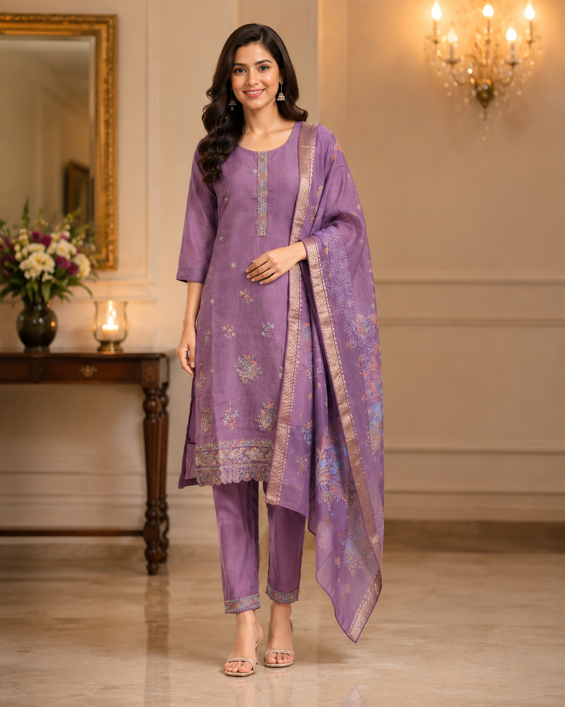 Lavender Purple Embroidered Kurta Set with Floral Dupatta