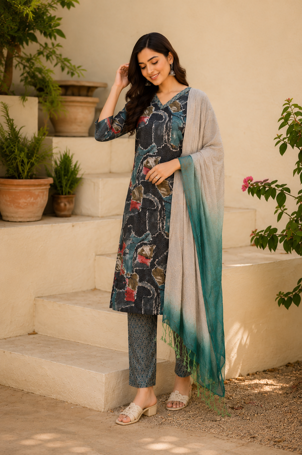 Teal Green Printed Kurta Set with Ombre Dupatta