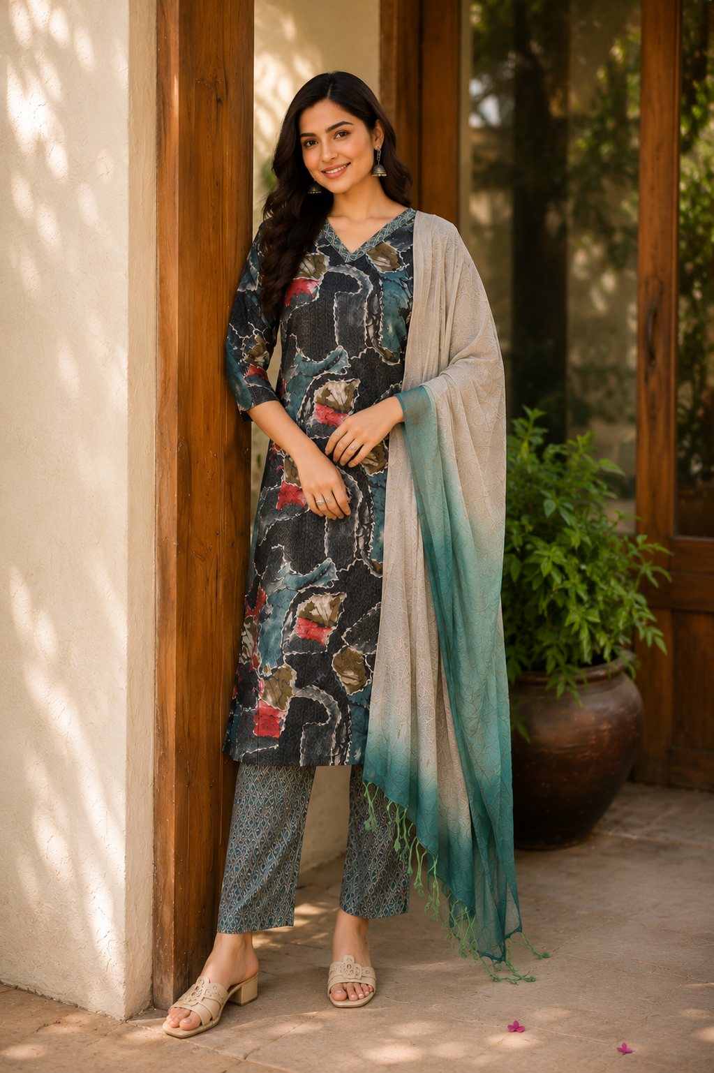 Teal Green Printed Kurta Set with Ombre Dupatta