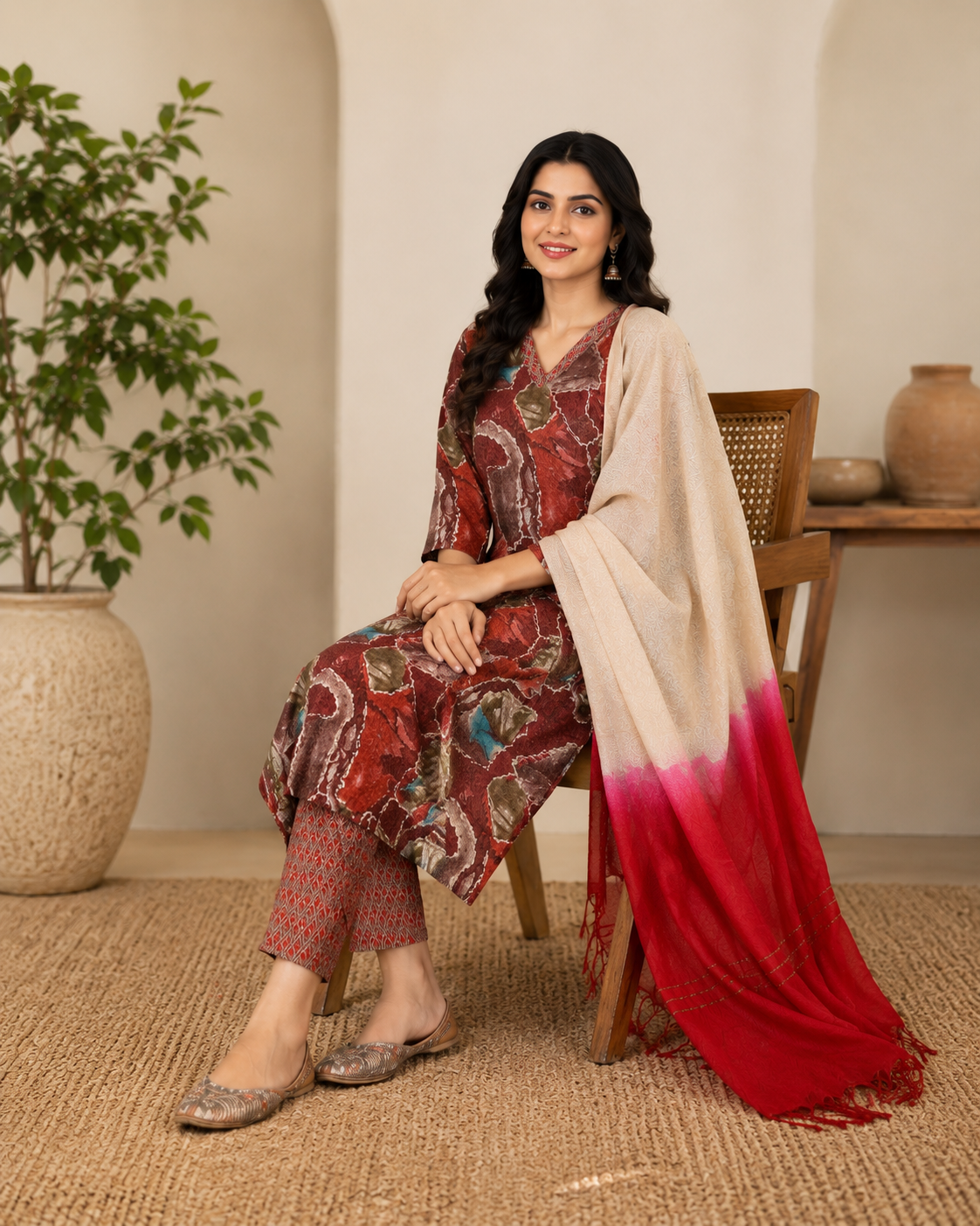 Rust Brown Printed Kurta Set with Red Ombre Dupatta