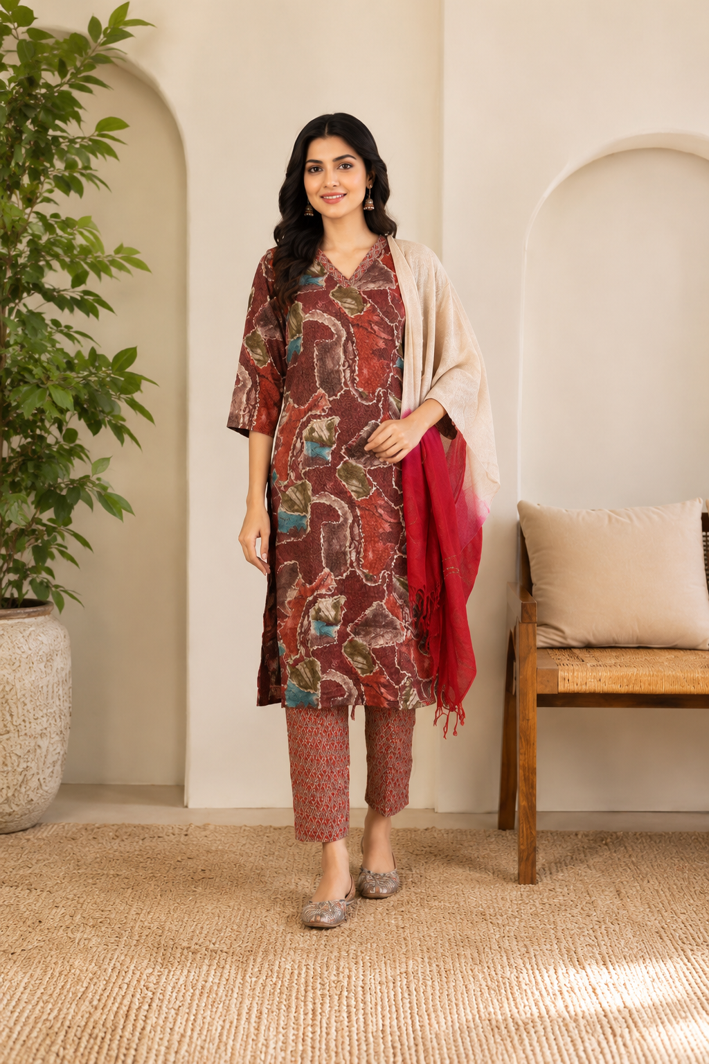Rust Brown Printed Kurta Set with Red Ombre Dupatta
