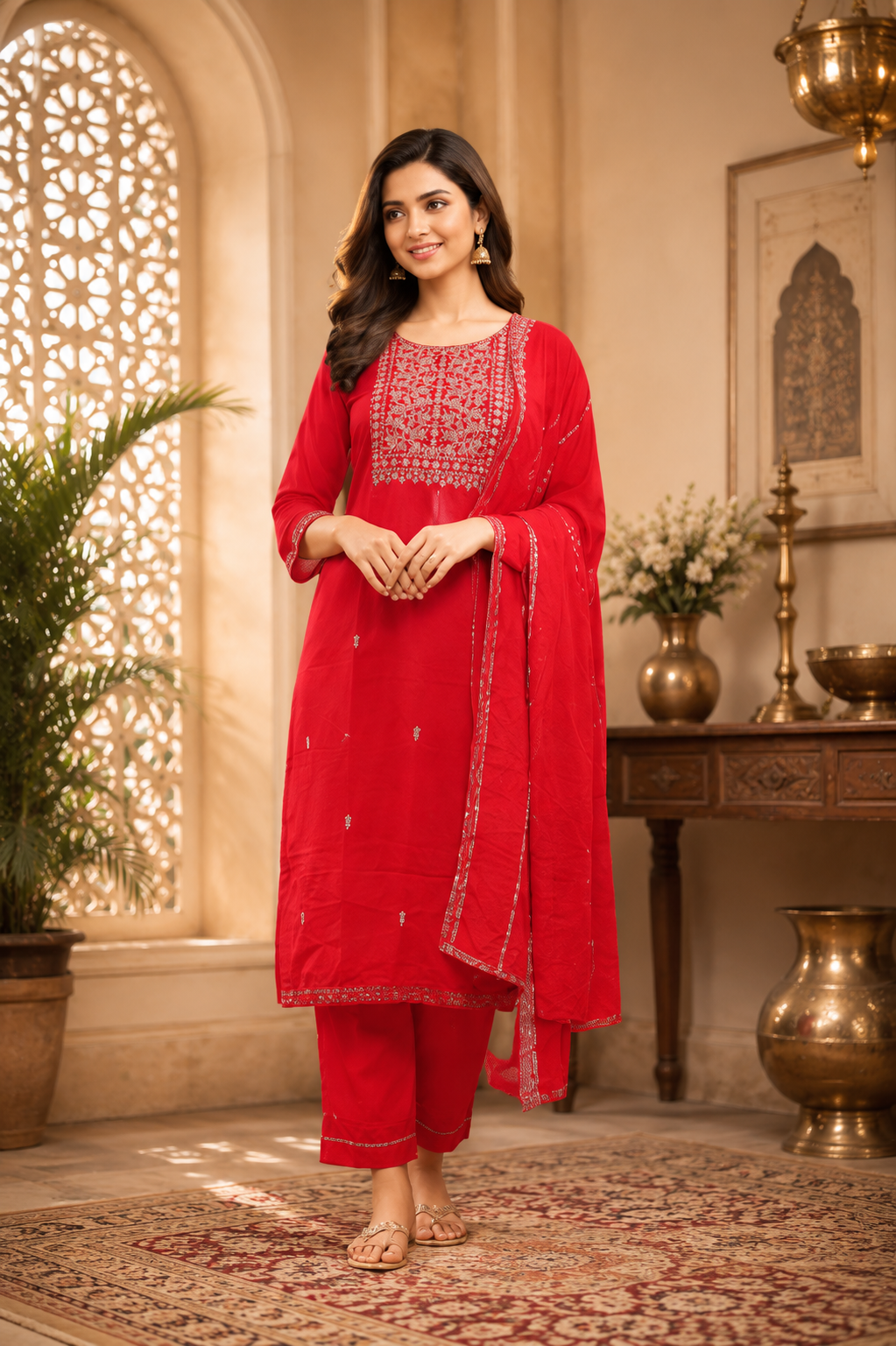 Royal Red Embroidered Kurta Set with Traditional Dupatta
