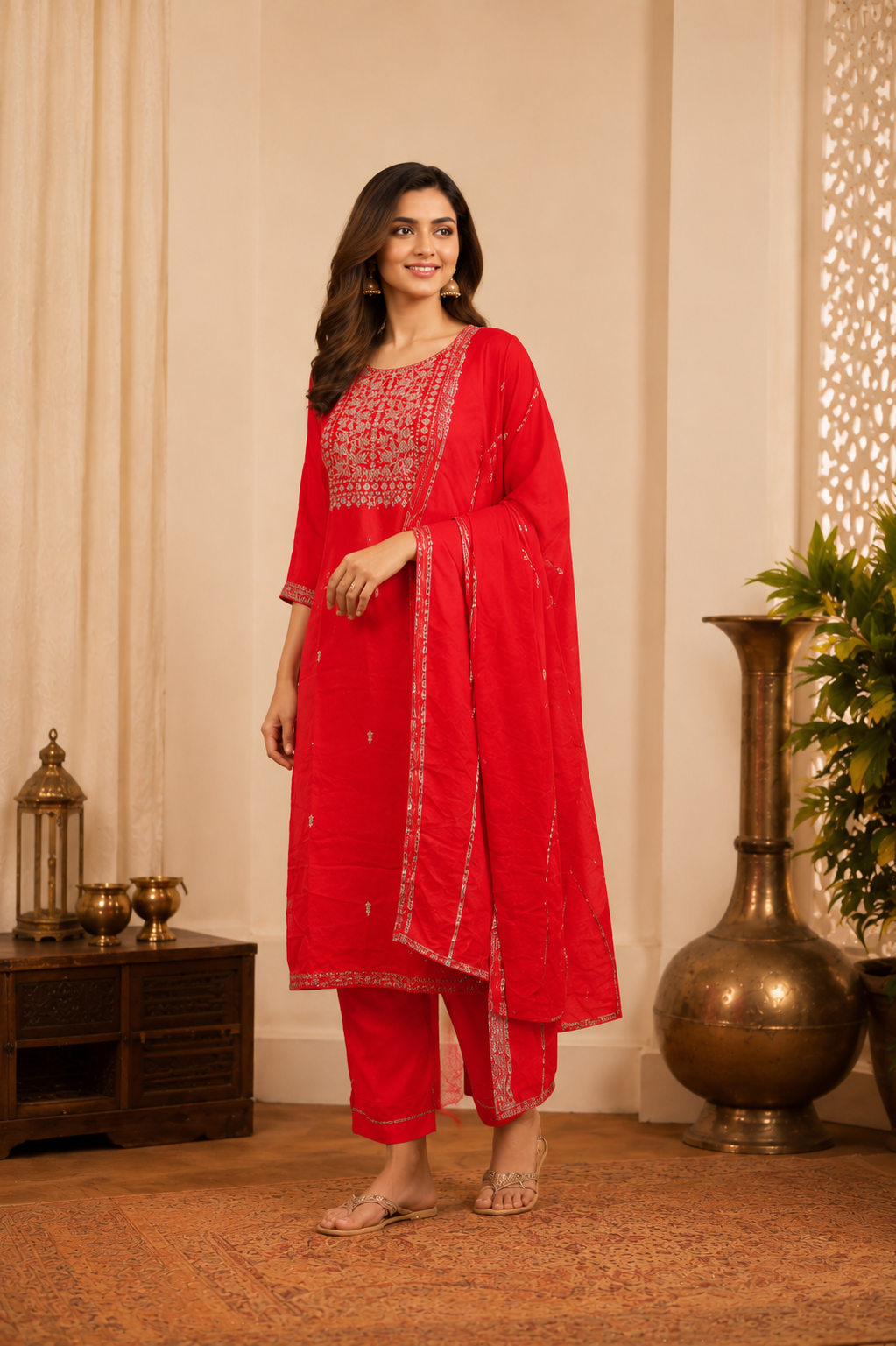 Royal Red Embroidered Kurta Set with Traditional Dupatta