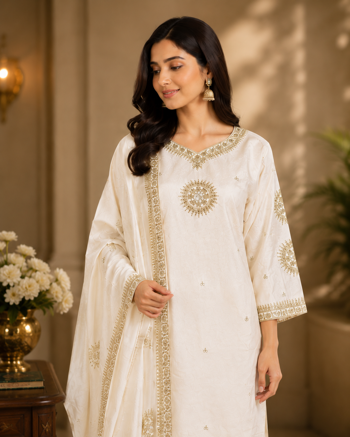 Elegant White & Gold Embroidered Kurta Set with Dupatta