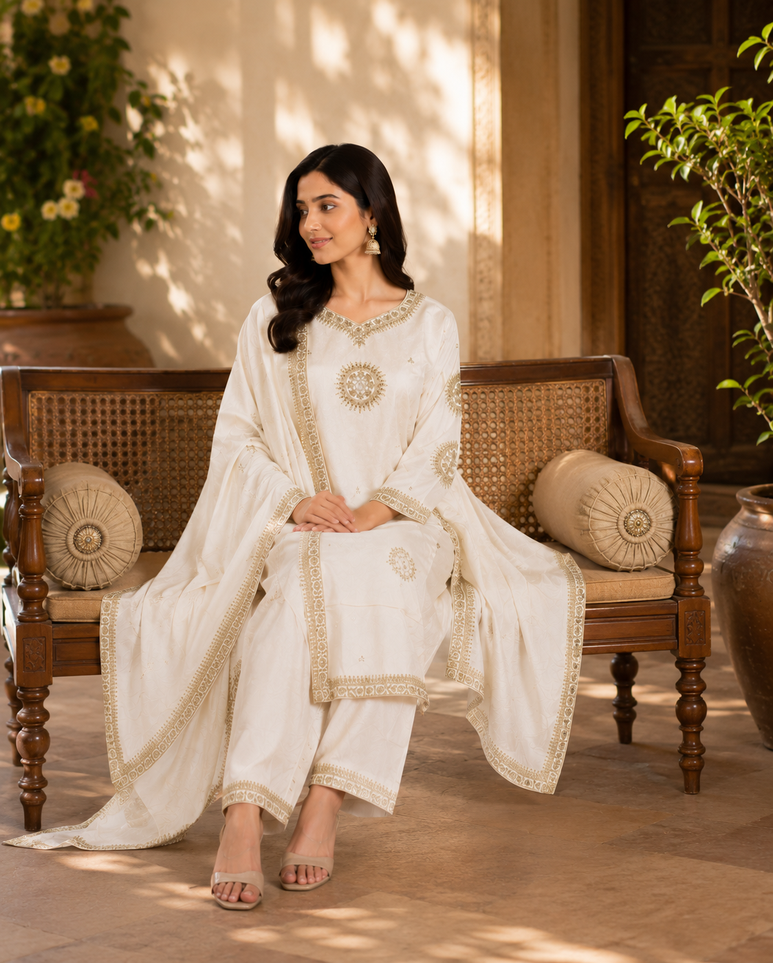 Elegant White & Gold Embroidered Kurta Set with Dupatta
