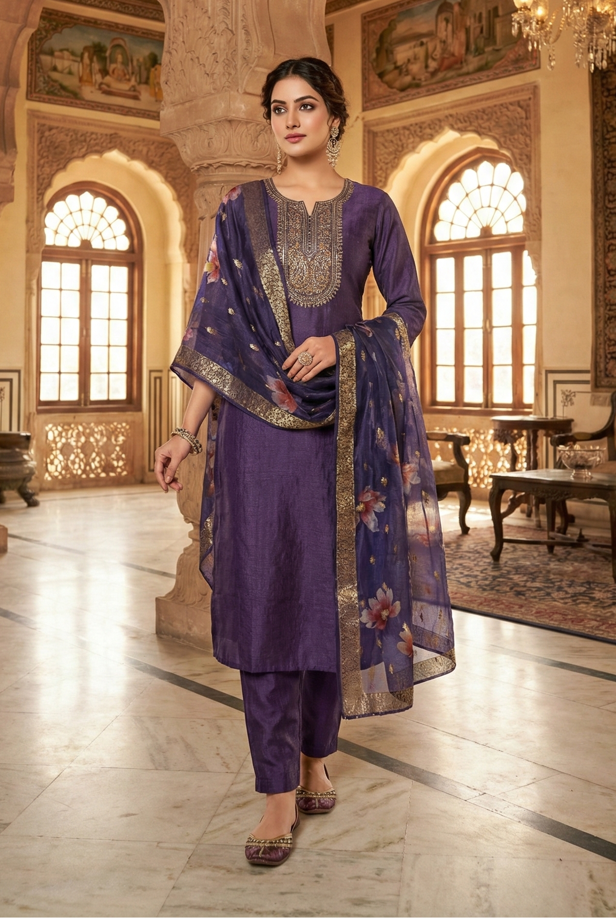 Royal Purple Embroidered Kurta Set with Floral Dupatta