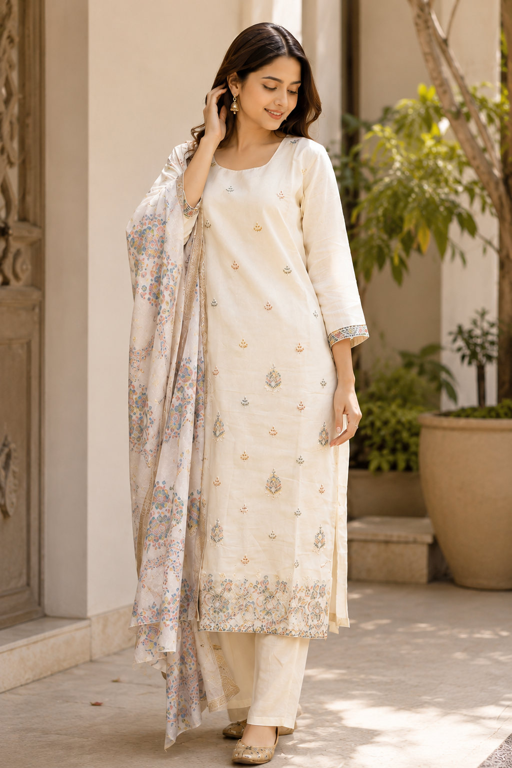 Cream Beige Embroidered Kurta Set with Floral Border Dupatta