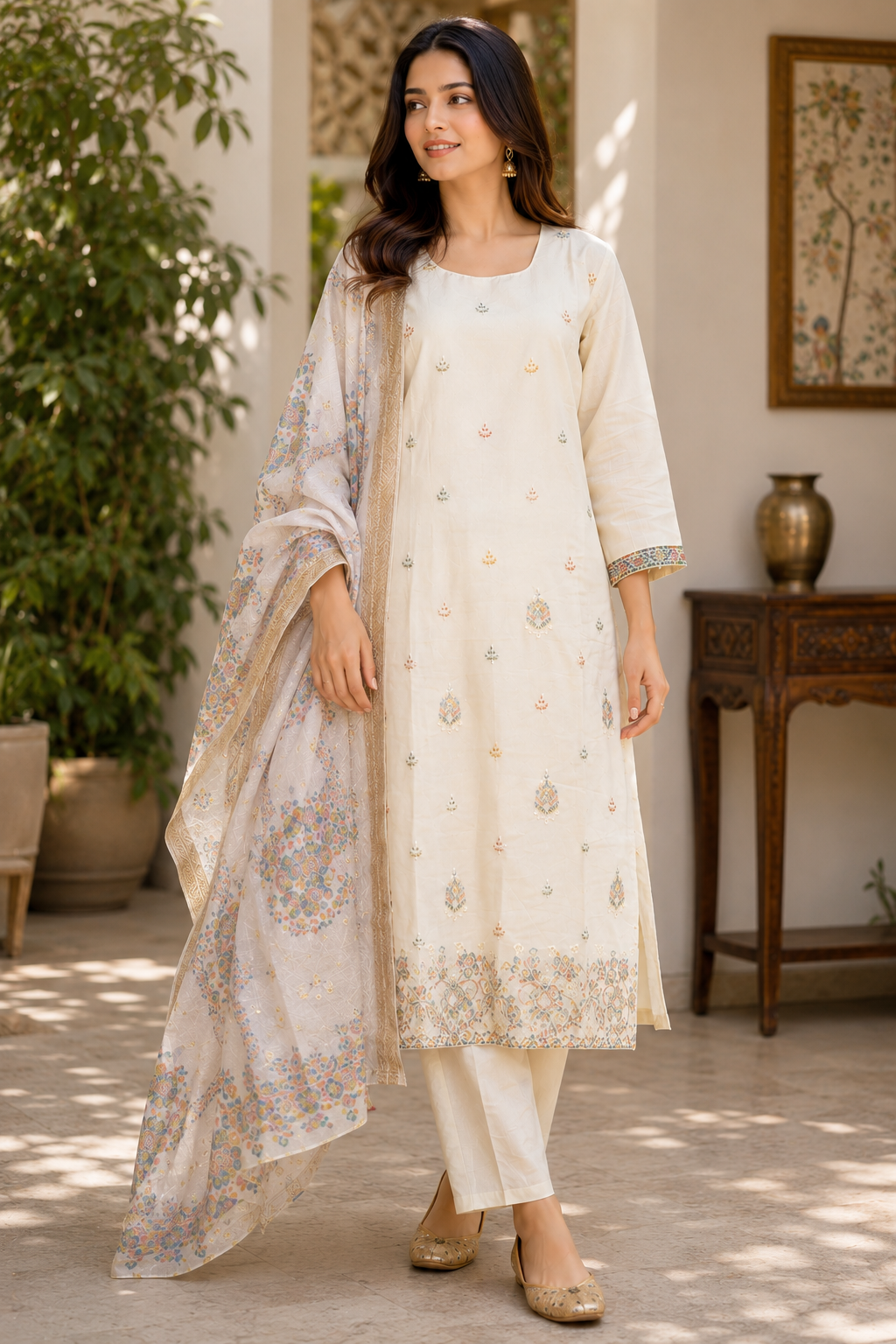 Cream Beige Embroidered Kurta Set with Floral Border Dupatta