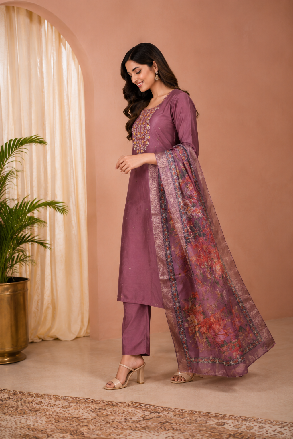 Dusty Rose Embroidered Kurta Set with Floral Organza Dupatta