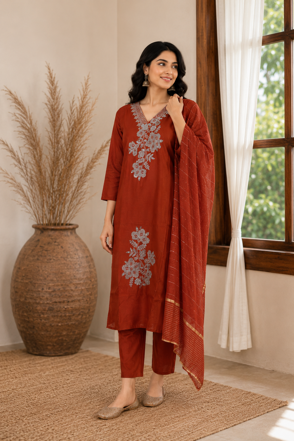 Rust Orange Embroidered Kurta Set with Striped Dupatta