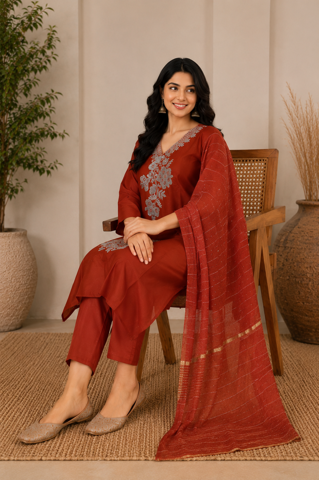 Rust Orange Embroidered Kurta Set with Striped Dupatta