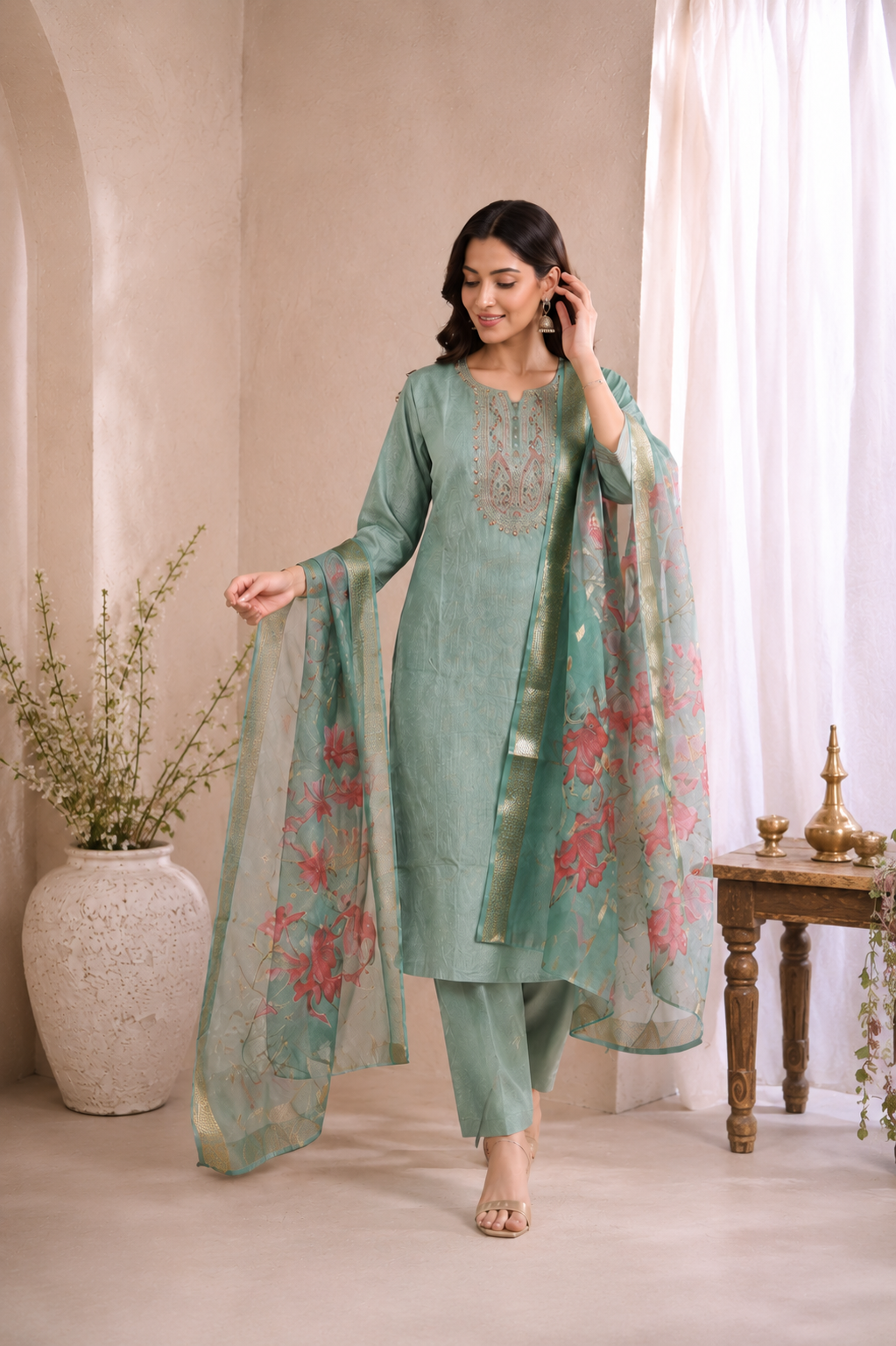 Green Embroidered Kurta Set with Floral Organza Dupatta