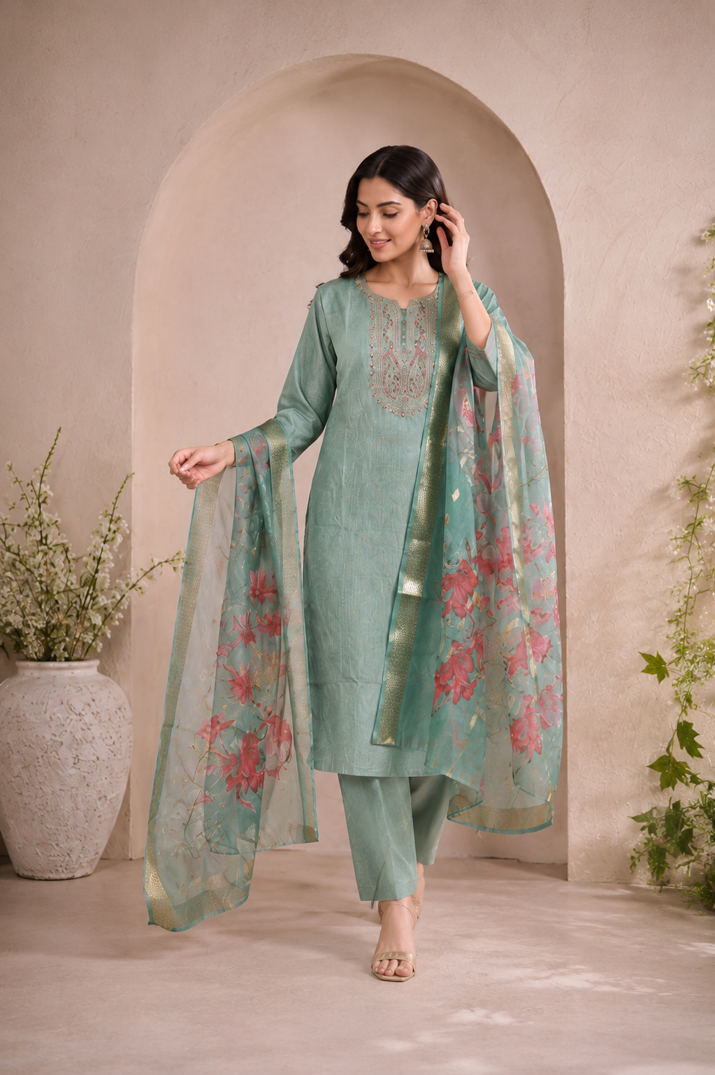Green Embroidered Kurta Set with Floral Organza Dupatta