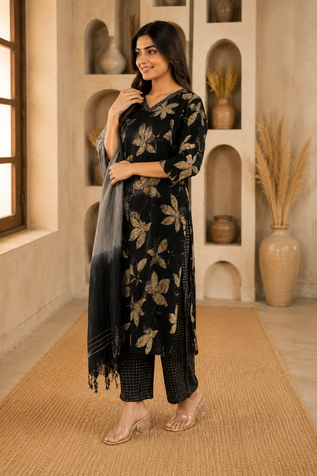 Classic Black Floral Printed Kurta Set with Ombre Dupatta