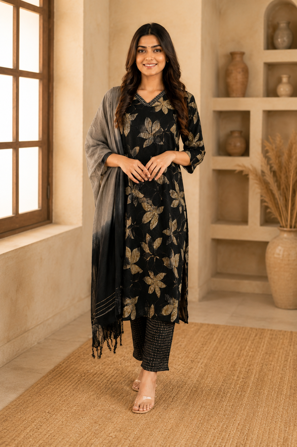 Classic Black Floral Printed Kurta Set with Ombre Dupatta