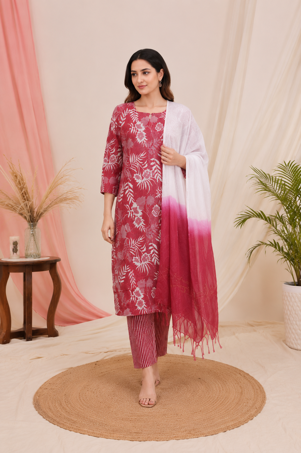 Brick Red Floral Printed Kurta Set with Ombre Dupatta
