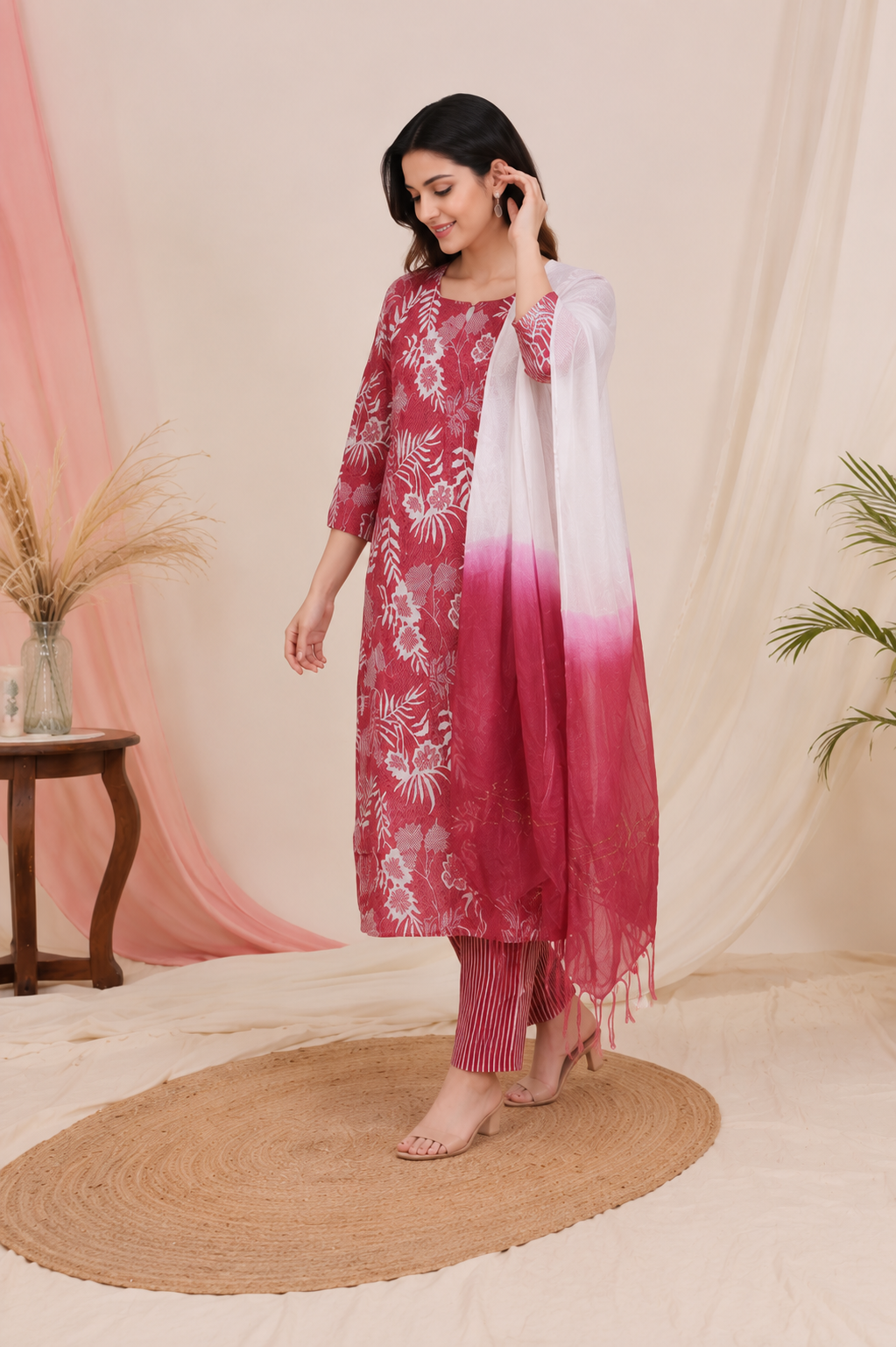 Brick Red Floral Printed Kurta Set with Ombre Dupatta